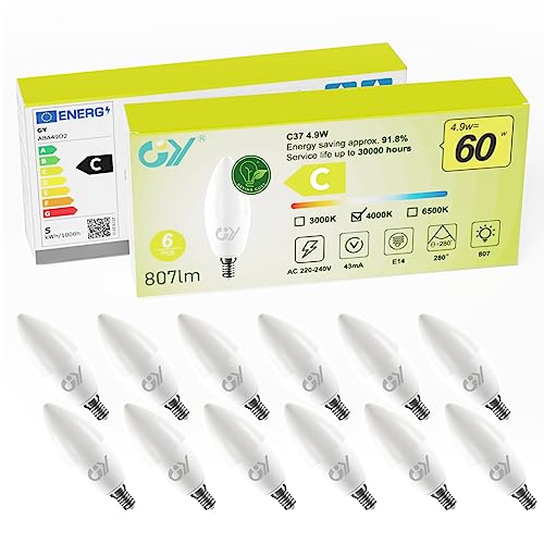 GY E14 LED Neutralweiss Lampe 4.9W 4000K 807 Lumen Neutralweiß Leuchtmittel,C37 Kerze Energiesparlampe 60W Halogenlampe ersetzt,Nicht Dimmbar LED Birnen,12 stück [Energieeffizienzklasse C] von GY