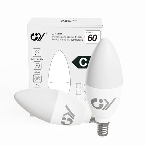 GY E14 LED Neutralweiss Lampe 4.9W 4000K 807 Lumen Neutralweiß Leuchtmittel,C37 Kerze Energiesparlampe 60W lampe ersetzt,Nicht Dimmbar LED Birnen,2 stück [Energieeffizienzklasse C] von GY
