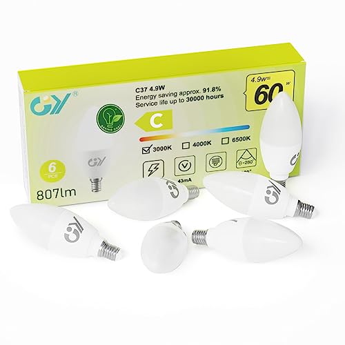 GY E14 LED Warmweiss Lampe 4.9W 3000K 807 Lumen Warmweiß Leuchtmittel,C37 Kerze Energiesparlampe 60W Halogenlampe ersetzt,Nicht Dimmbar LED Birnen,6 stück [Energieeffizienzklasse C] von GY