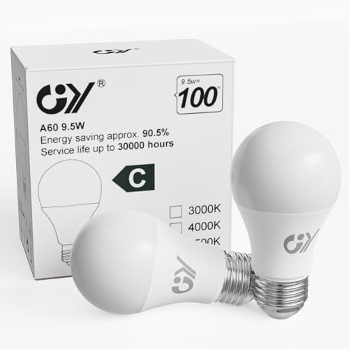 GY E27 LED Kaltweiss Lampe 9.5W 6500K 1521 Lumen Kaltweiß Leuchtmittel,A60 Energiesparlampe 100W Halogenlampe ersetzt,Nicht Dimmbar LED Birnen,2 stück [Energieeffizienzklasse C] von GY