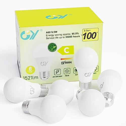 GY E27 LED Kaltweiss Lampe 9.5W 6500K 1521 Lumen Kaltweiß Leuchtmittel,A60 Energiesparlampe 100W Halogenlampe ersetzt,Nicht Dimmbar LED Birnen,6 stück [Energieeffizienzklasse C] von GY