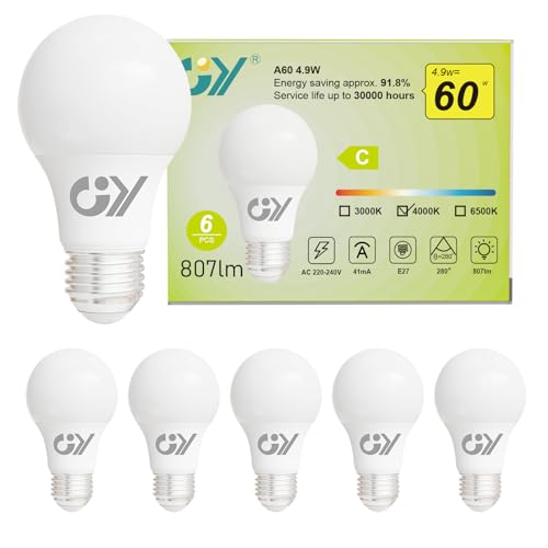 GY E27 LED Neutralweiss Lampe 4.9W 4000K 807 Lumen Neutralweiß Leuchtmittel,A60 Energiesparlampe 60W Halogenlampe ersetzt,Nicht Dimmbar LED Birnen,6 stück [Energieeffizienzklasse C] von GY