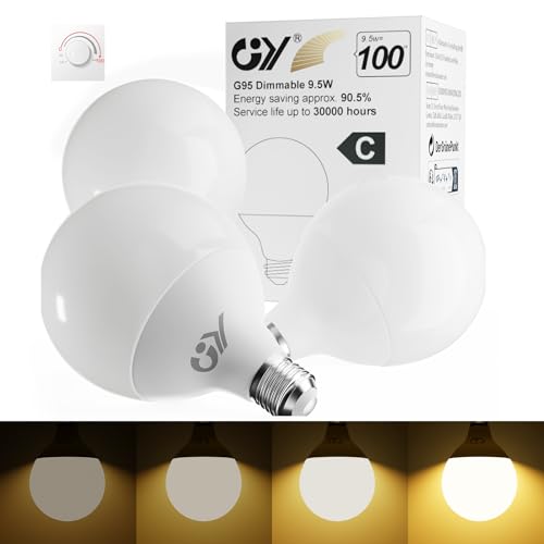 GY E27 LED Warmweiss Dimmbar Glühbirne, G95 9,5W 3000K 1521 Lumen Warmweiß Globe Lampe, 100W Halogen Leuchtmittel ersetzt, Dimmbare Energiesparlampen, 3 stück von GY