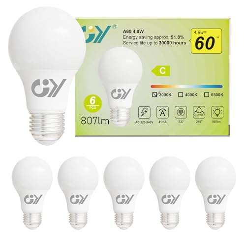 GY E27 LED Warmweiss Lampe 4.9W 3000K 807 Lumen Warmweiß Leuchtmittel,A60 Energiesparlampe 60W Halogenlampe ersetzt,Nicht Dimmbar LED Birnen,6 stück [Energieeffizienzklasse C] von GY