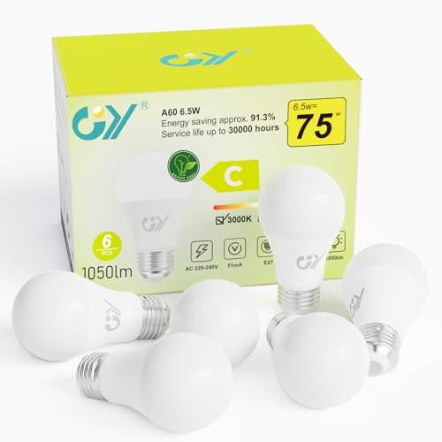 GY E27 LED Warmweiss Lampe 6.5W 3000K 1050 Lumen Warmweiß Leuchtmittel,A60 Energiesparlampe 75W Halogenlampe ersetzt,Nicht Dimmbar LED Birnen,6 stück [Energieeffizienzklasse C] von GY