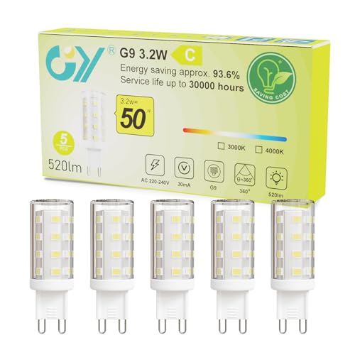 GY G9 LED Lampe Neutralweiss 4000K,Neutralweiß LED Leuchtmittel 3.2W Entspricht 50W Halogenlampe,G9 Glühbirne 520 Lumen, Kein Flackern, Nicht Dimmbar,Enegiesparende G9 Kleine Birne,5er Set von GY