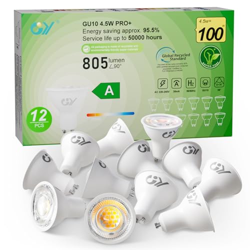 GY GU10 LED Kaltweiss Lampe,4,5W 6500K 805 Lumen Kaltweiß Glühbirnen,Ersetzt 100W Leuchtmittel,36° Abstrahlwinkel Spot Strahler,Enegiesparende GU10 Nicht Dimmbar Reflektor Lampen,12 stück von GY