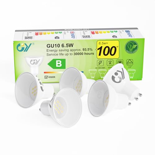 GY GU10 LED Kaltweiss Lampe 6.5W 6500K 1025 Lumen Kaltweiß Leuchtmittel,LED GU10 Energiesparlampe 100W Halogenlampe ersetzt,Nicht Dimmbar LED Birnen,5 stück [Energieeffizienzklasse B] von GY