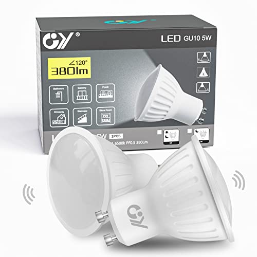 GY GU10 LED Kaltweiss Lampe mit Radar Sensor,5W Ersetzt 40W Halogenlampe,380 Lumen 6500K Kaltweiß Sensor Glühbirnen,Automatisch ein/aus,Abstrahlwinkel 120°,Nicht Dimmbar Reflektor Lampen,2 Stück von GY