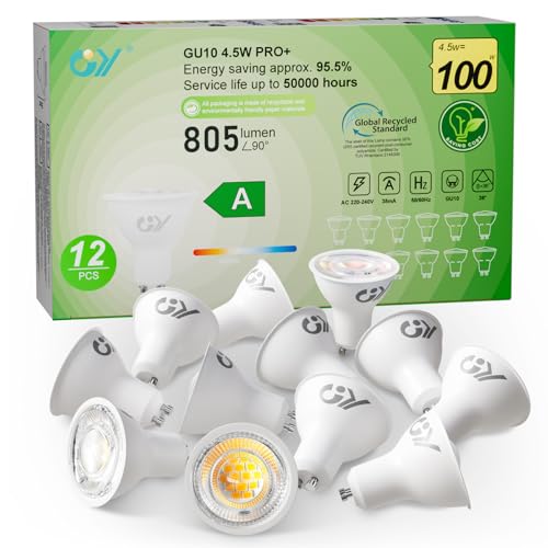GY GU10 LED Neutralweiss Lampe,4,5W 4000K 805 Lumen Neutralweiß Glühbirnen,Ersetzt 100W Leuchtmittel,36° Abstrahlwinkel Spot Strahler,Enegiesparende GU10 Nicht Dimmbar Reflektor Lampen,12stück von GY