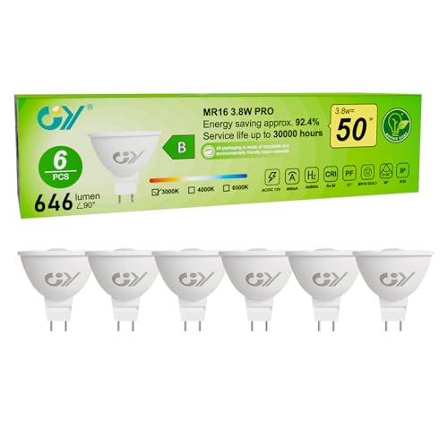 GY GU5,3 LED Warmweiss Lampe,MR16 3,8W 3000K 646 Lumen Warmweiß Glühbirnen,Ersetzt 50W Halogen Leuchtmittel,36° Abstrahlwinkel Spot Strahler,Enegiesparende Nicht Dimmbar Reflektor Lampen,6 stück von GY