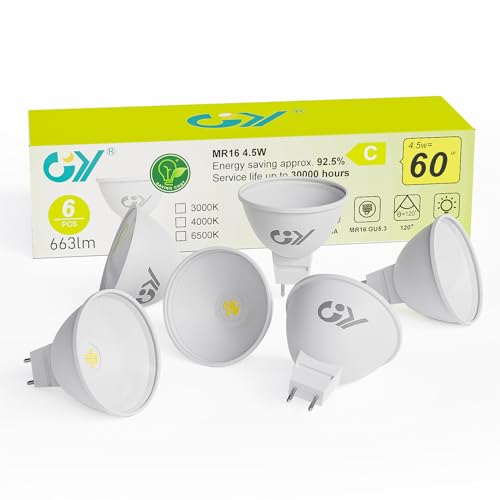 GY GU5.3 LED Kaltweiss Lampe, MR16 LED 4,5W 663 Lumen 6500K Kaltweiß Glühbirnen, 60W Halogenlampe ersetzt, Abstrahlwinkel 120° Leuchtmittel, Nicht Dimmbar Energiesparlampe, 6 stück von GY