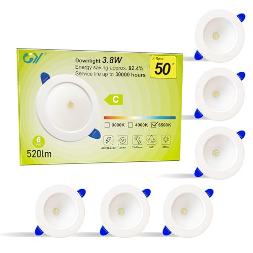 GY LED Einbaustrahler 230V Flach,3.8W 520LM Kaltweiss Einbauleuchten Deckenspots Deckenstrahler, Kaltweiß 6500K Einbauspots für Küche Wohnzimmer,6er Set von GY