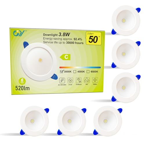 GY LED Einbaustrahler 230V Flach,3.8W 520LM Warmweiss Einbauleuchten Deckenspots Deckenstrahler, Warmweiß 3000K Einbauspots für Küche Wohnzimmer,6er Set von GY