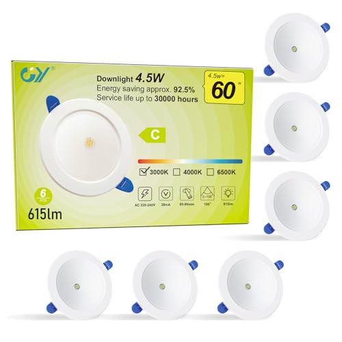 GY LED Einbaustrahler 230V Flach,4.5W 615LM Warmweiss Einbauleuchten Deckenspots Deckenstrahler, Warmweiß 3000K Einbauspots für Küche Wohnzimmer,6er Set von GY