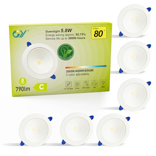 GY LED Einbaustrahler 230V Flach Dimmbar 5.8W 790LM Einbauleuchten Deckenspots Deckenstrahler,Warmweiß 3000K Neutralweiß 4000K Kaltweiß 6500K Einbauspots für Küche Wohnzimmer,6er Set von GY