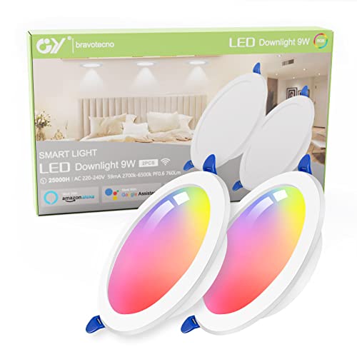 GY LED Einbaustrahler Spots 230V Flach Dimmbar,Smart Einbauleuchten Deckenspots Deckenstrahler Kompatibel mit Alexa/Google Home,9W 760lm,RGB Warmweiß-Kaltweiß Einbauspots für Badezimmer,2er Set von GY