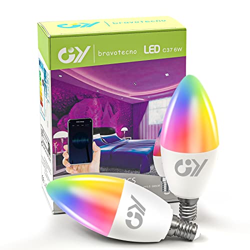 GY Alexa Glühbirne Smart Lampe E14 C37 6W 600lm,Alexa Zubehör WLAN Leuchtmittel Kompatibel mit Google Home 2.4 GHz,RGB Dimmbar Warmweiß-Kaltweiß und Mehrfarbige Birne,2 Stück von GY