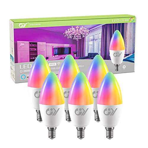 GY Alexa Glühbirne Smart Lampe E14 C37 6W 600lm,Alexa Zubehör WLAN Leuchtmittel Kompatibel mit Google Home 2.4 GHz,RGB Dimmbar Warmweiß-Kaltweiß und Mehrfarbige Birne,6 Stück von GY