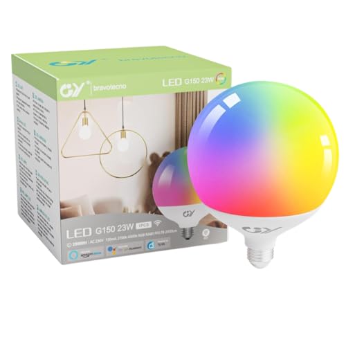 GY Alexa Glühbirne Smart Lampe E27 G150 23W 2400lm,Alexa Zubehör WLAN Leuchtmittel Kompatibel mit Google Home 2.4 GHz,RGB Dimmbar Warmweiß-Kaltweiß und Mehrfarbige Birne,1 Stück von GY