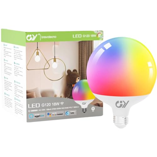 GY Alexa Glühbirne Smart Lampe E27 G120 18W 1800lm,Alexa Zubehör WLAN Leuchtmittel Kompatibel mit Google Home 2.4 GHz,RGB Dimmbar Warmweiß-Kaltweiß und Mehrfarbige Birne,1 Stück von GY