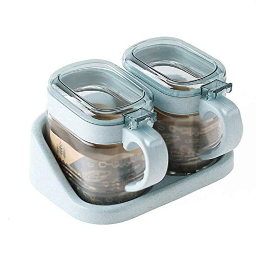 Transparent Glass Conditioner Jar Seasoning Box Set Spice Jar Conditioner Container Cruet mit Deckel& Löffel-Utensilien, mit Tray (Green Four Grid), 3360053031, Blau, Zwei Netze von GYDHJSSJ