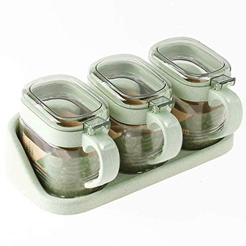 Transparent Glass Conditioner Jar Seasoning Box Set Spice Jar Conditioner Container Cruet mit Deckel& Löffel-Utensilien, mit Tray (Green Four Grid), 3360053031, grün, Vier Netze von GYDHJSSJ