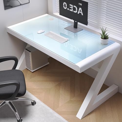 Computertisch in Z-Form, schwarz, gehärtetes Glas, einfacher Schreibtisch für Zuhause, Schlafzimmer, unabhängiger Heimbüro-Schreibtisch, entworfen mit 6 mm dickem Glas + Fädellöchern, geeignet für von GYDUHYE