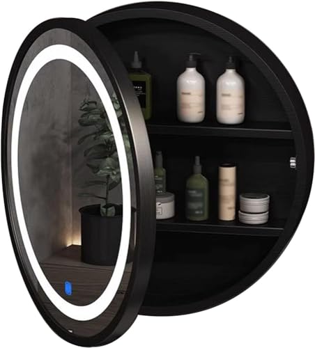 GYDUHYE Badezimmer-Spiegelschrank, schwarzer Badezimmerschrank mit Spiegel, runder Spiegelschrank mit Licht, wandmontierter Schminkspiegel mit Ablagefläche (Größe:50 cm/19,7 Zoll)(Größe:70 cm/27,6 von GYDUHYE