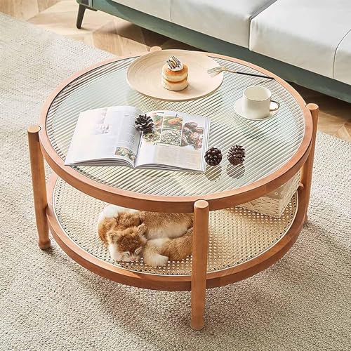 GYDUHYE Kleiner Couchtisch aus Rattan, 80 cm, moderner Stil, Bauernhaus-Holz-Couchtisch, runder Couchtisch mit Ablage, Wohnzimmer, Couchtisch, runde Form, einfach zu montieren (Farbe: Natur) von GYDUHYE