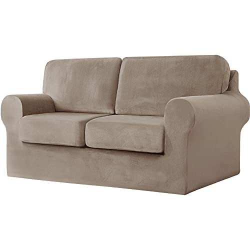 GYHH 7-teiliger Stretch-Samt-Sofabezug, 3-Sitzer-Sofabezug Mit DREI Separaten Rückenlehnen Und Kissenbezügen Mit Elastischem Band Für Hunde, Haustiere (Taupe,5 Piece | Loveseat) von GYHH