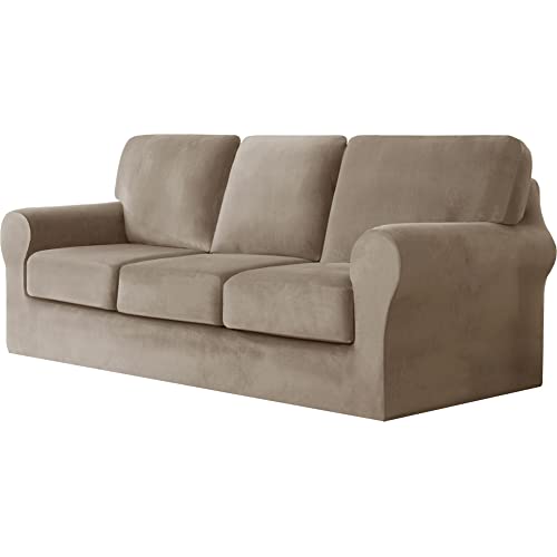 GYHH 7-teiliger Stretch-Samt-Sofabezug, 3-Sitzer-Sofabezug Mit DREI Separaten Rückenlehnen Und Kissenbezügen Mit Elastischem Band Für Hunde, Haustiere (Taupe,7 Piece | Sofa) von GYHH