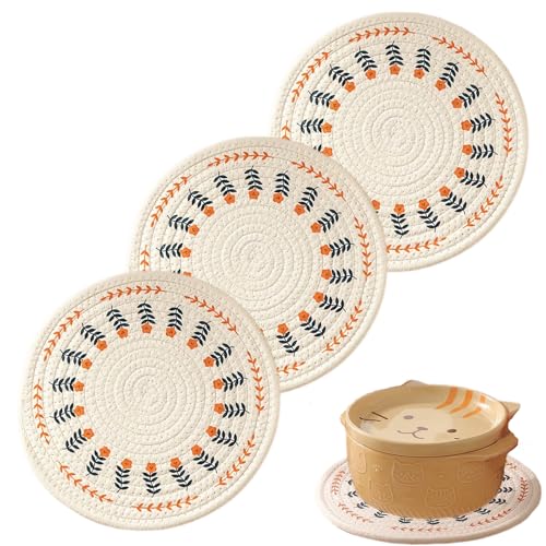GYHWOFUL 3 Stück Topfuntersetzer Set, Boho Baumwolle Faden Weben Matte, Waschbar Hitzebeständig, Runde Untersetzer Topf, Heißer Topf Halter, Topflappen für Küche Grillen, Kochen von GYHWOFUL
