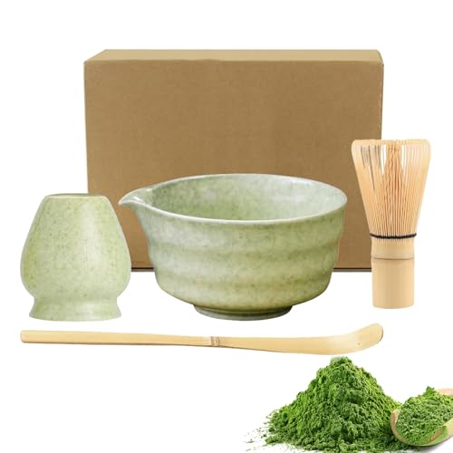 GYHWOFUL Matcha Set 4-teilig – Japanisches Matcha Tee Set mit Matcha-Schale mit Ausgießer, Bambusbesen, Bambuslöffel & Keramikbesenhalter – Traditionelles Matcha Zubehör Geschenk für Teezeremonie von GYHWOFUL