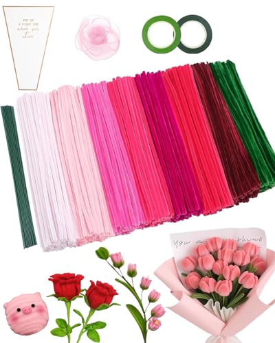 GYHWOFUL Pfeifenreiniger Blumen Set 520 Stück – Pfeifenputzer zum Basteln in 8 Farben Pipe Cleaner, DIY Set mit Blütenstielen & Bändern für kreative Blumensträuße (Rosa/Grün) von GYHWOFUL
