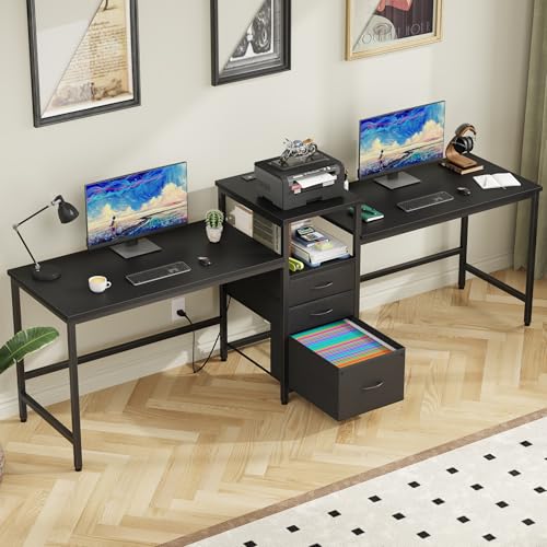 GYIIYUO 240 cm Zwei-Personen-Schreibtisch mit Ladestation, langer Schreibtisch mit 3 Schubladen und Druckerregal, Doppel-Computertisch, Stoffschubladen, 2-Personen-Schreibtisch, Arbeitsstation für von GYIIYUO