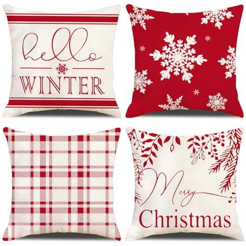 GYISANA 4er Set Dekorativ Kissenbezug Baumwolle Leinen Kissenhülle Dekokissen Sofakissen für Couch, Auto, Schlafzimmer 45x45 cm (Einfach Rot Weihnachten) von GYISANA