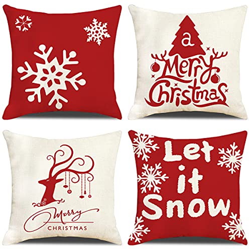 GYISANA 4er Set Dekorativ Kissenbezug Baumwolle Leinen Kissenhülle Dekokissen Sofakissen für Couch, Auto, Schlafzimmer 45x45 cm (Weihnachten Rot) von GYISANA