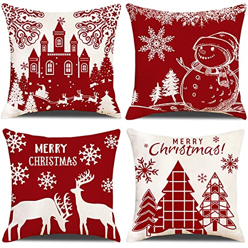 GYISANA 4er Set Dekorativ Kissenbezug Baumwolle Leinen Kissenhülle Dekokissen Sofakissen für Couch, Auto, Schlafzimmer 45x45 cm (Weihnachten Schneemann) von GYISANA