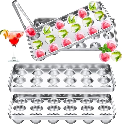 Eiswürfelform aus Edelstahl mit Deckel für Gefrierschrank, 18 Fächer, Metall, wiederverwendbar, runde Kugel, Eiswürfelbereiter mit Zange für Zuhause und Bar (2 Set) von GYJZZW
