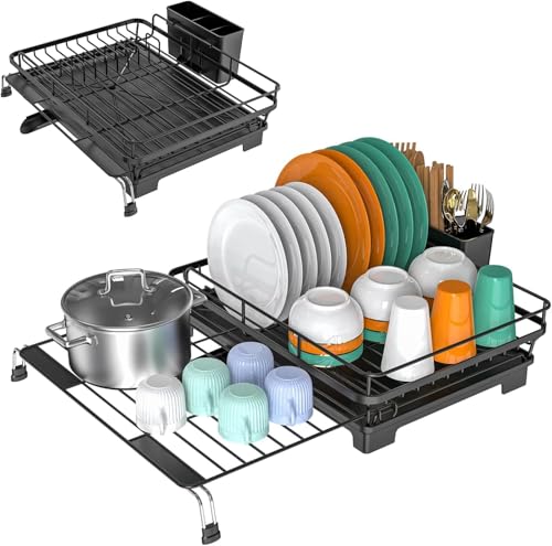 GYJZZW Großes Abtropfgestell, ausziehbares Abtropfgestell für Küchentheke und Spüle, rostfreies Bestecksieb mit Tasse, Schneidebrett, Besteckhalter und Abtropffläche, Schwarz GYJZZW Großes Abtropfgestell, ausziehbares Abtropfgestell für Küchentheke und Spüle, rostfreies Bestecksieb mit Tasse, Schneidebrett, Besteckhalter und Abtropffläche, Schwarz von GYJZZW