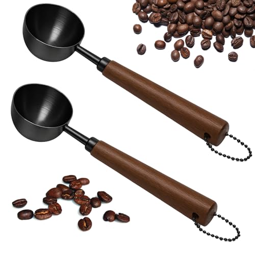 Kaffeeschaufel, Bohnen und Tee, Vintage-Kaffeemesslöffel mit langem Holzgriff, 30 ml/10 g Fassungsvermögen, 304 Edelstahl (schwarz, 2 Stück) von GYJZZW