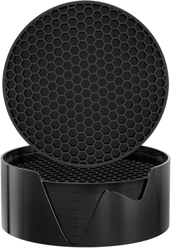 Silikon-Untersetzer [8 Stück] mit Haltern Getränkeuntersetzer, für heiße oder kalte Getränke verdickt, rutschfest, antihaftbeschichtet (Schwarz) von GYJZZW