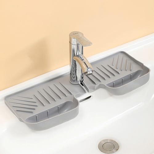 Spritzschutz für Küchenspüle, Silikon-Wasserhahn-Tropffänger mit Schwammhalter, hinter Wasserhahn-Trockenmatte, einfaches Spülbecken-Spar-Gadget für Bad und Küche (58,4 x 14 cm, Grau) von GYJZZW