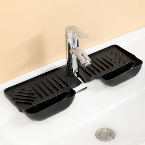 Spritzschutz für Küchenspüle, Silikon-Wasserhahn-Tropffänger mit Schwammhalter, hinter Wasserhahn-Trockenmatte, einfaches Spülbecken-Spar-Gadget für Bad und Küche (58,4 x 14 cm, Schwarz) von GYJZZW