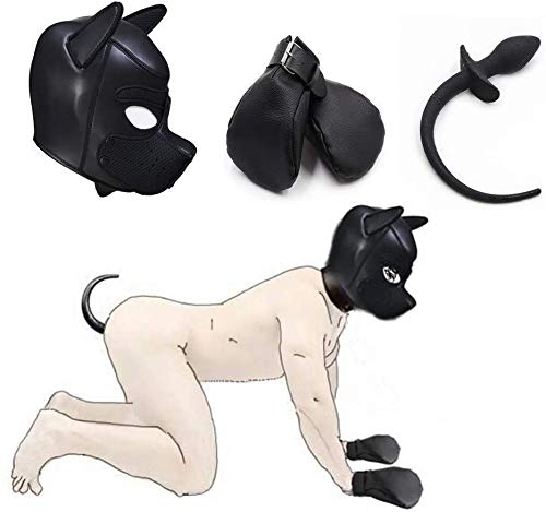 GYLEJWH Hund Cosplay Bondage-Anzug, Mit Lederhaube/Kopftuch Hund Schwanz Stecker (Analplug) Handschuh Pfote, Fetisch Neuheit Kostüm Slave Hund Cosplay,Schwarz von GYLEJWH