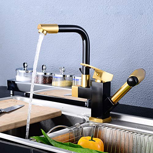 2 Farbe Küchenarmaturen Schwarz & Gold Flexiable Küche Waschbecken Wasserhähne Mischbatterie Drehbare Küche Ausziehbare Wassermischer Wasserhähne,B von GYLRFA