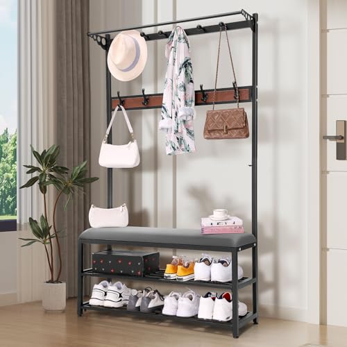 Coat Stand with Bench, Freistehende Garderobe Freestanding Coat Rack with Shoe Rack, with 14 Hooks and Seat, Multifunktionaler Flur-Organizer, Einfache Montage Für Wohnzimmer Und Büro von GYLRFA
