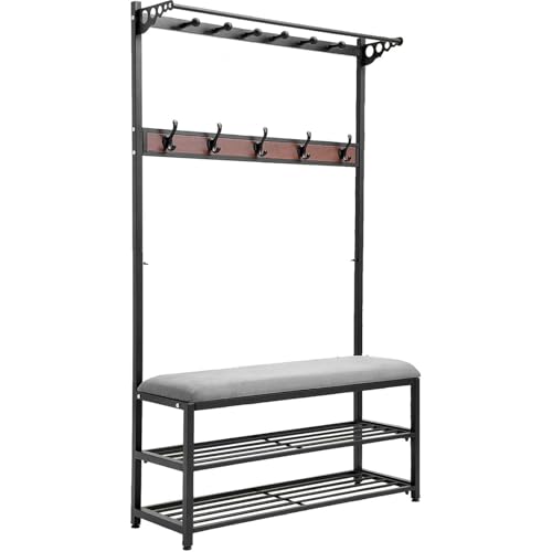 Coat Stand with Bench, Freistehende Garderobe Freestanding Coat Rack with Shoe Rack, with 14 Hooks and Seat, Multifunktionaler Flur-Organizer, Einfache Montage Für Wohnzimmer Und Büro von GYLRFA