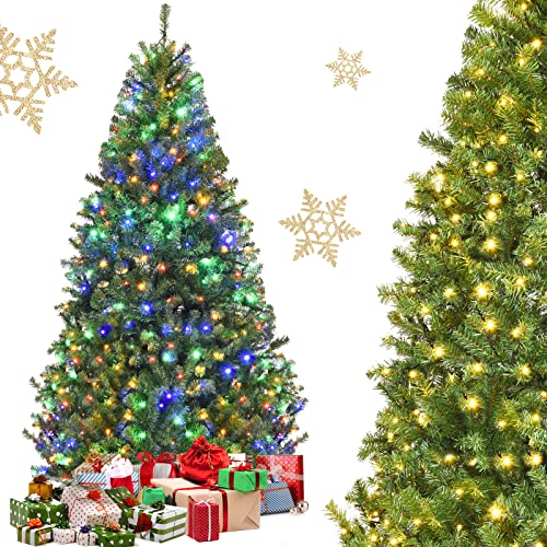 GYMAX 120/150/180/210 cm Künstlicher Weihnachtsbaum, Fichtenbaum mit blühenden Blättern, mehrfarbigen LED-Lichtern & 11 Beleuchtungsmodi, klappbarer Tannenbaum mit Metallständer (180cm) von GYMAX